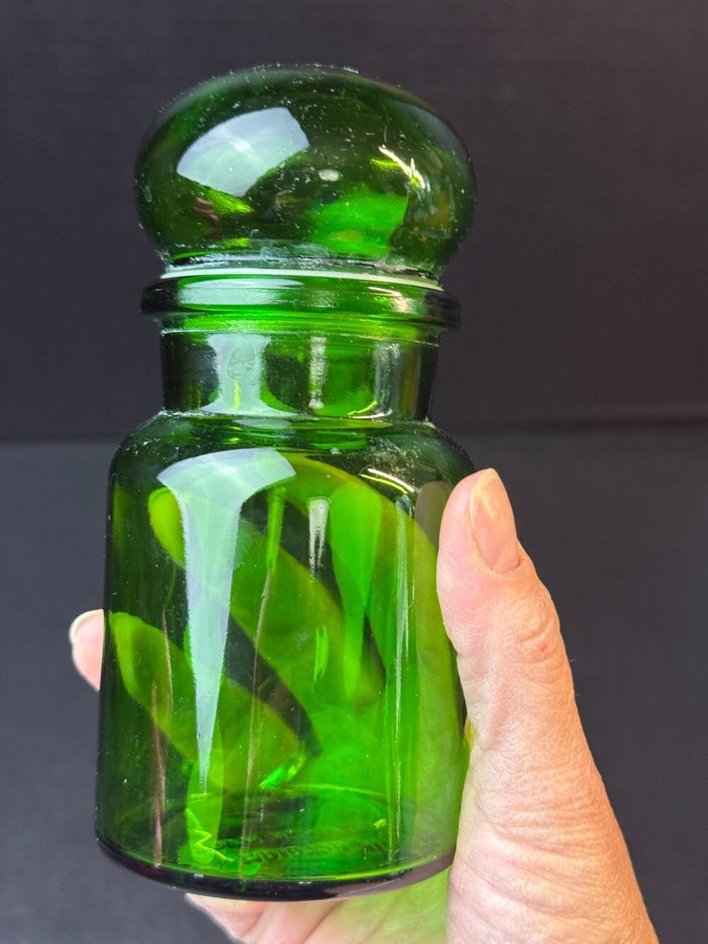 Vintage Belgium Green Glass Apothecary Jar w/ Bubble Lid 5.5 In.
